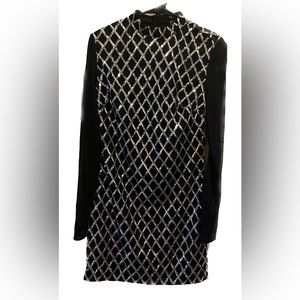 Black long sleeve mini dress with silver sequin design